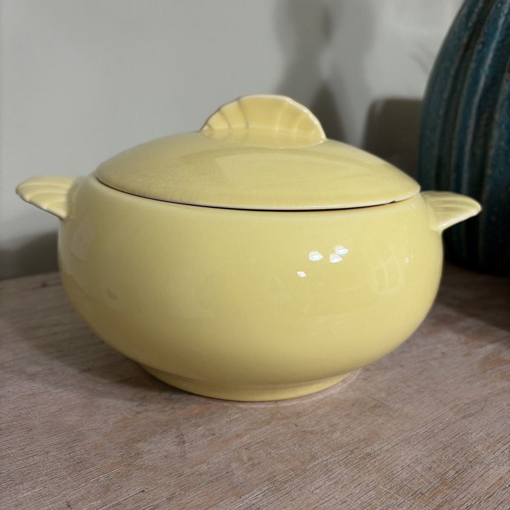 Vtg Yellow Caliente Pottery Covered Casserole Dish 9"